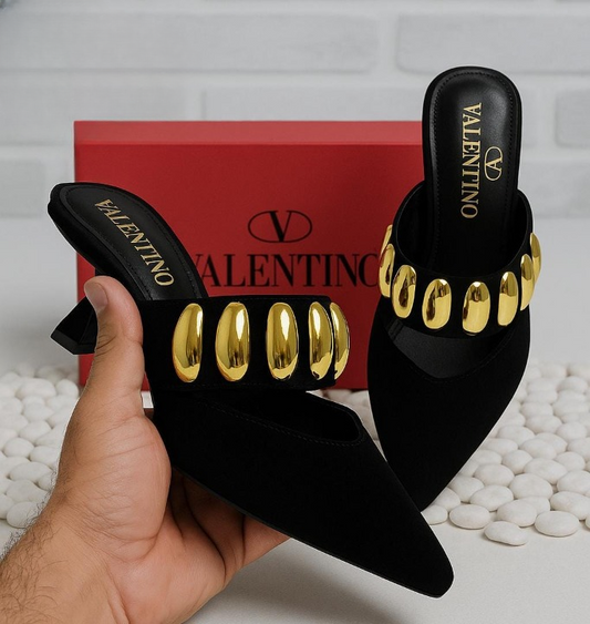 Valentino Garavani Royal VLogo 65 Leather Mules In Black Suede With Gold Tone - 36.37.38.39.40.41 size no