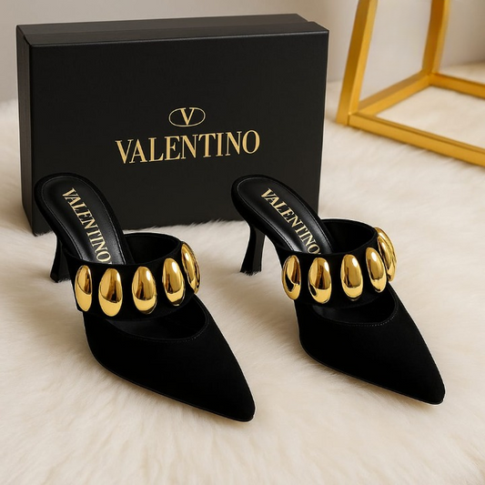 Valentino Garavani Royal VLogo 65 Leather Mules In Black Suede With Gold Tone - 36.37.38.39.40.41 size no